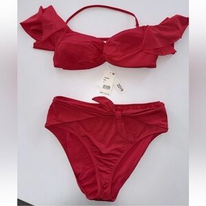 NWT Trina Turk Red High-waisted 2-piece Bikini Ruffled Bandeau top Tie Front 12
